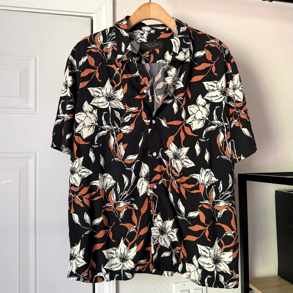 rag & bone Women’s L Black Floral Button-Down Shirt with Rust and White Print